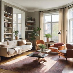 A cozy living room with comfortable furniture including a sofa, armchairs, coffee table, and bookshelves