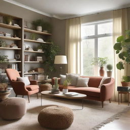 A cozy living room with comfortable furniture including a sofa, armchairs, coffee table, and bookshelves