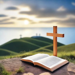 A serene scene featuring three crosses close together on a hill, with the sea in the background