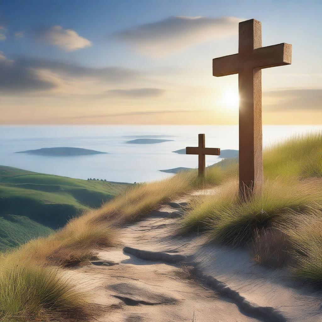 A serene scene featuring three crosses close together on a hill, with the sea in the background