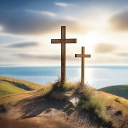 A serene scene featuring three crosses close together on a hill, with the sea in the background