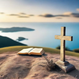 A serene scene featuring three crosses close together on a hill, with the sea in the background