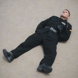 A military soldier, fully dressed in a black outfit, peacefully sleeping, sprawled out full length on the ground.