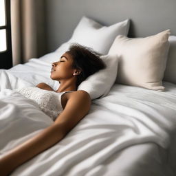 A woman lying on her back on a bed, in a relaxed and comfortable pose