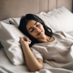 A woman lying on her back on a bed, in a relaxed and comfortable pose