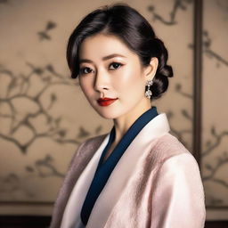 A portrait of Remu Suzumori, a Japanese actress, in a stylish and elegant setting