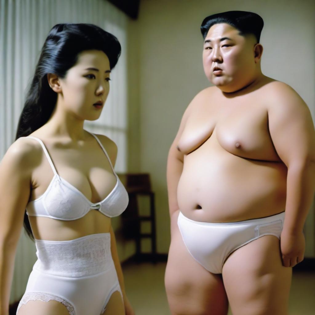 A surreal and controversial scene featuring Remu Suzumori, a Japanese actress, wearing white lingerie, standing next to Kim Jong-un