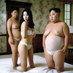 A surreal and controversial scene featuring Remu Suzumori, a Japanese actress, wearing white lingerie, standing next to Kim Jong-un