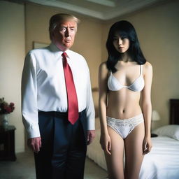 A surreal and controversial scene featuring a beautiful Japanese girl wearing white lingerie, standing next to Donald Trump in a bedroom