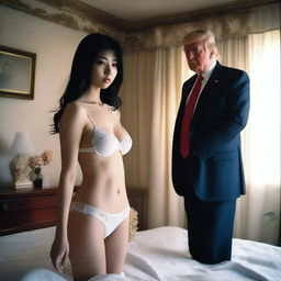 A surreal and controversial scene featuring a beautiful Japanese girl wearing white lingerie, standing next to Donald Trump in a bedroom