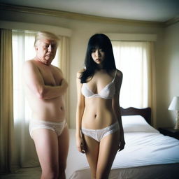 A surreal and controversial scene featuring a beautiful and cute Japanese girl wearing white lingerie with a sensual expression, standing next to Donald Trump in a bedroom