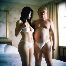 A surreal and controversial scene featuring a beautiful and cute Japanese girl wearing white lingerie with a sensual expression, standing next to Donald Trump in a bedroom