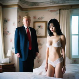 A surreal and controversial scene featuring a beautiful and cute Japanese girl wearing white lingerie with a sensual and passionate expression, standing next to Donald Trump in a bedroom