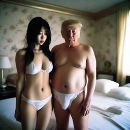 A surreal and controversial scene featuring a beautiful and cute Japanese girl wearing white lingerie with a sensual and passionate expression, standing next to Donald Trump in a bedroom