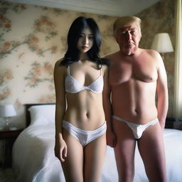 A surreal and controversial scene featuring a beautiful and cute Japanese girl wearing white lingerie with a sensual and passionate expression, standing next to Donald Trump in a bedroom