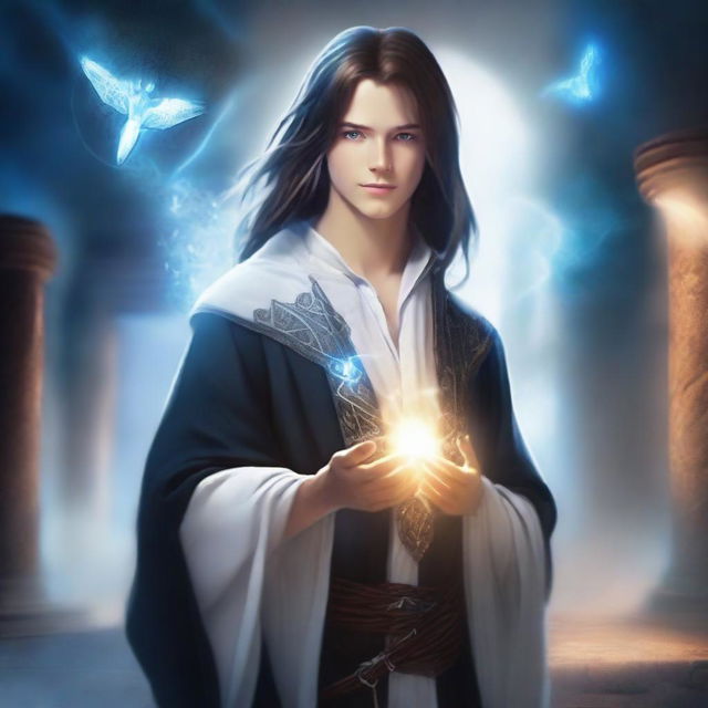 A young male wizard with straight hair and blue eyes, wearing white and black garments