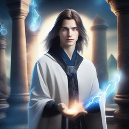 A young male wizard with straight hair and blue eyes, wearing white and black garments