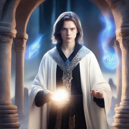 A young male wizard with straight hair and blue eyes, wearing white and black garments