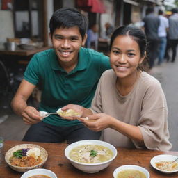 A person enjoying soto, a traditional Indonesian soup, at a street-side eating spot.