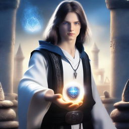 A young male wizard with straight hair and blue eyes, wearing white and black garments