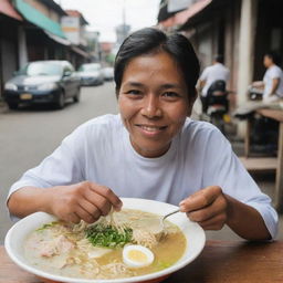 A person enjoying soto, a traditional Indonesian soup, at a street-side eating spot.