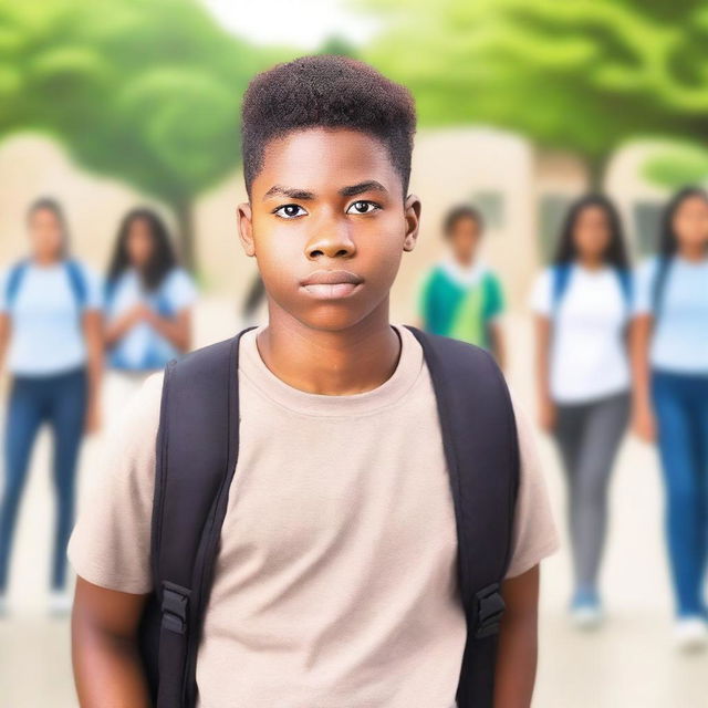 A high school student wearing a uniform, standing confidently with a backpack