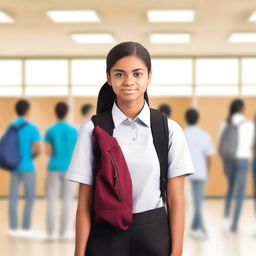 A high school student wearing a uniform, standing confidently with a backpack