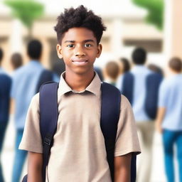 A high school student wearing a uniform, standing confidently with a backpack