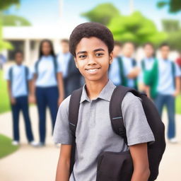 A high school student wearing a uniform, standing confidently with a backpack