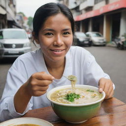 A person enjoying soto, a traditional Indonesian soup, at a street-side eating spot.