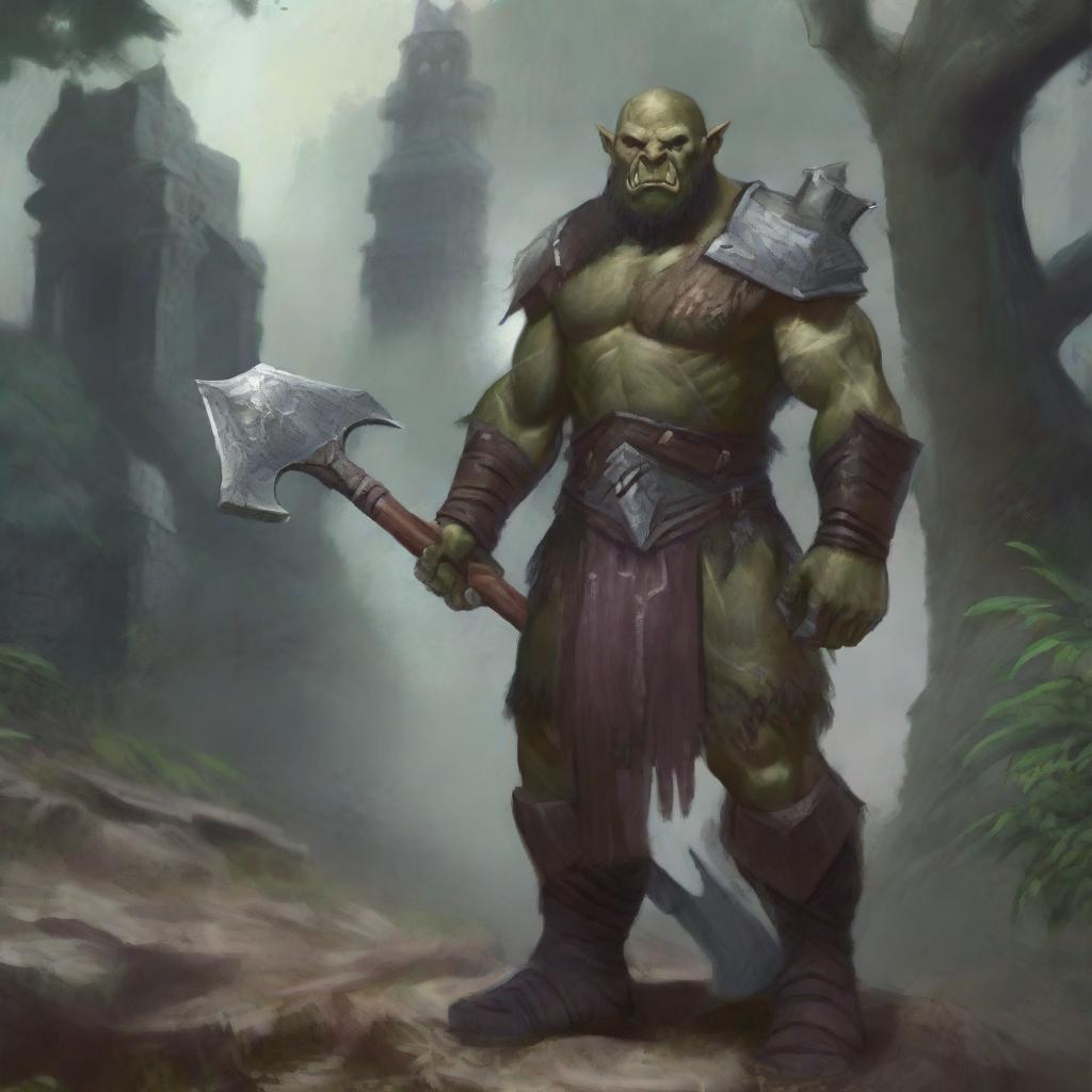 A detailed and vivid fantasy character named Tobrut, a half-orc warrior, standing in a mystical forest with ancient ruins in the background