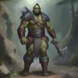 A detailed and vivid fantasy character named Tobrut, a half-orc warrior, standing in a mystical forest with ancient ruins in the background