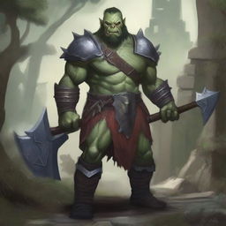 A detailed and vivid fantasy character named Tobrut, a half-orc warrior, standing in a mystical forest with ancient ruins in the background