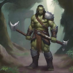 A detailed and vivid fantasy character named Tobrut, a half-orc warrior, standing in a mystical forest with ancient ruins in the background