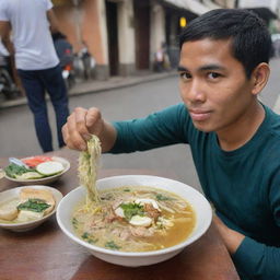 A person enjoying soto, a traditional Indonesian soup, at a street-side eating spot.