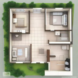 Design of a countryside house with 3 bedrooms, two bathrooms, a living room, dining room, kitchen, and laundry area