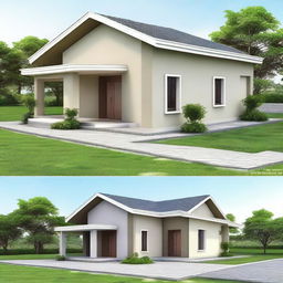 Design of a countryside house with 3 bedrooms, two bathrooms, a living room, dining room, kitchen, and laundry area