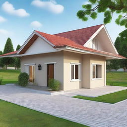 Design of a countryside house with 3 bedrooms, two bathrooms, a living room, dining room, kitchen, and laundry area