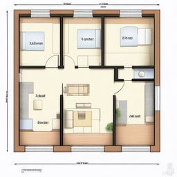 Create a floor plan for a countryside house with 3 bedrooms, two bathrooms, a living room, dining room, kitchen, and laundry area