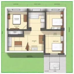 Create a floor plan for a countryside house with 3 bedrooms, two bathrooms, a living room, dining room, kitchen, and laundry area