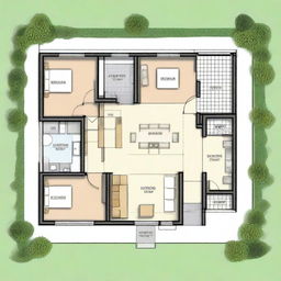 Create a floor plan for a countryside house with 3 bedrooms, two bathrooms, a living room, dining room, kitchen, and laundry area