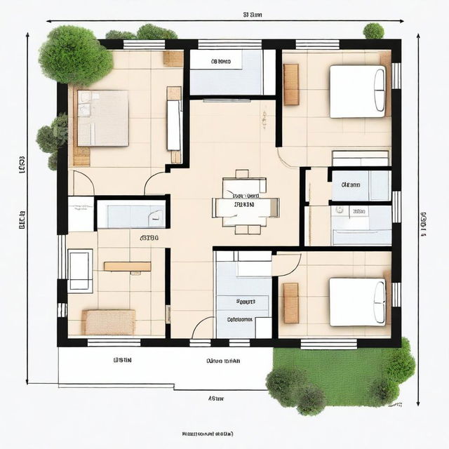 Create a floor plan for a countryside house with 3 bedrooms, two bathrooms, a living room, dining room, kitchen, and laundry area