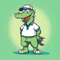 A cartoon-style image of an alligator wearing a polo shirt and a baseball cap