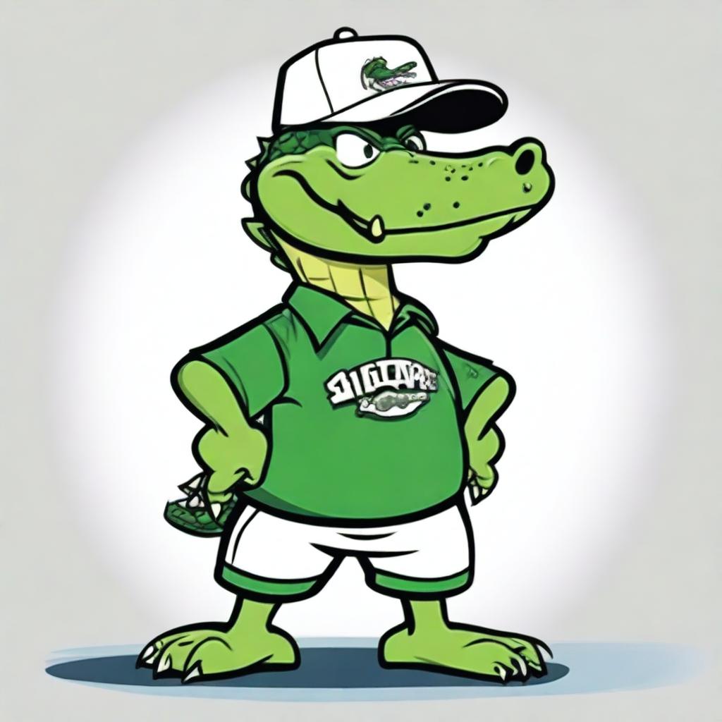 A cartoon-style image of an angry alligator wearing a Lacoste polo shirt and a baseball cap