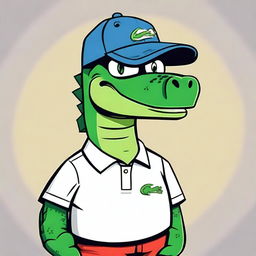 A cartoon-style image of an angry alligator wearing a Lacoste polo shirt and a baseball cap