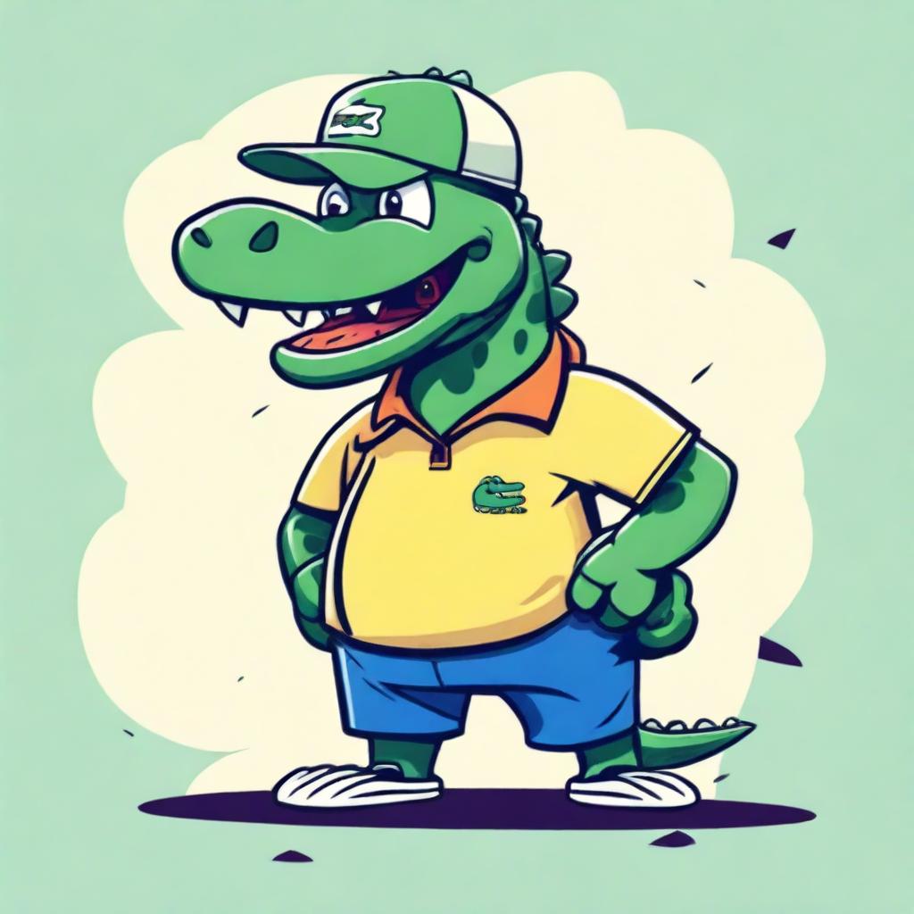 A cartoon-style image of an angry alligator wearing a Lacoste polo shirt and a baseball cap