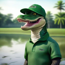 A realistic image of an extremely angry alligator wearing a Lacoste polo shirt and a baseball cap