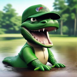 A realistic image of an extremely angry alligator wearing a Lacoste polo shirt and a baseball cap