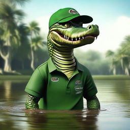 A realistic image of an extremely angry alligator wearing a Lacoste polo shirt and a baseball cap