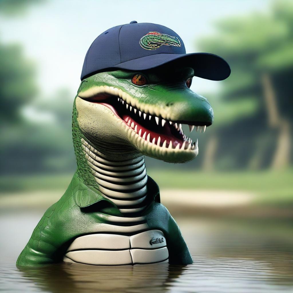 A realistic image of an extremely angry alligator wearing a Lacoste polo shirt and a baseball cap